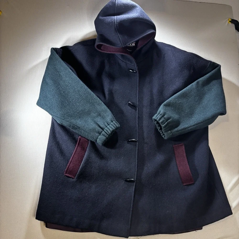 Vtg 90's Wool Coat W/ Hood  Color Block  New York Girl  Sz 24 1/2‎ Womens Cozy